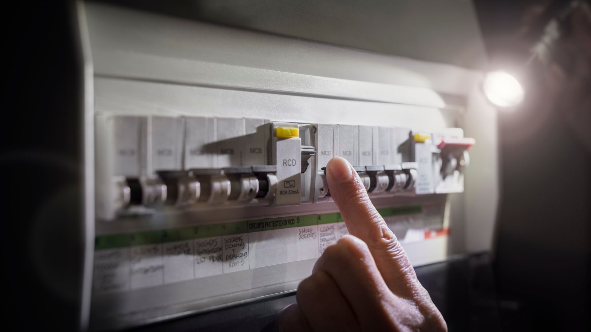 Finger pointing at electrical circuit breaker panel with RCD switch