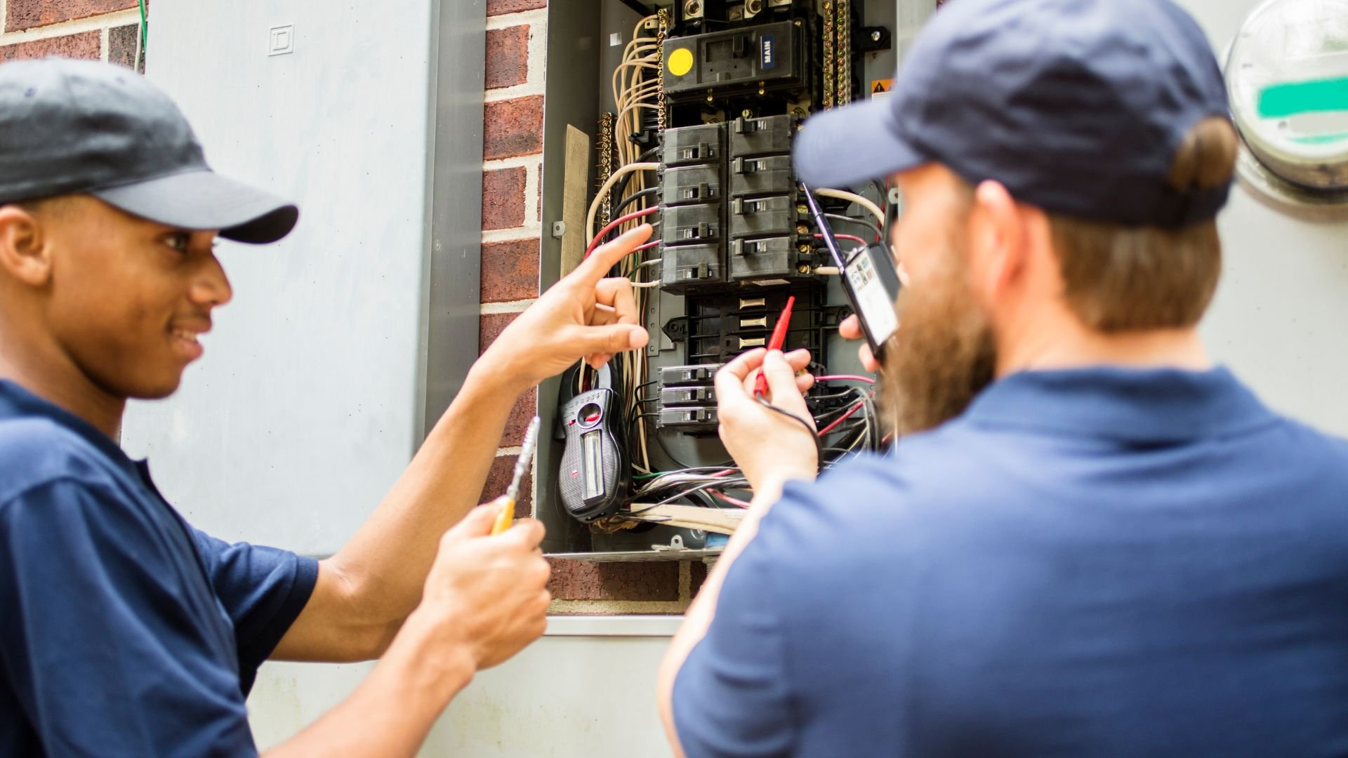 Electricians checking electrical panel with tools and multimeter