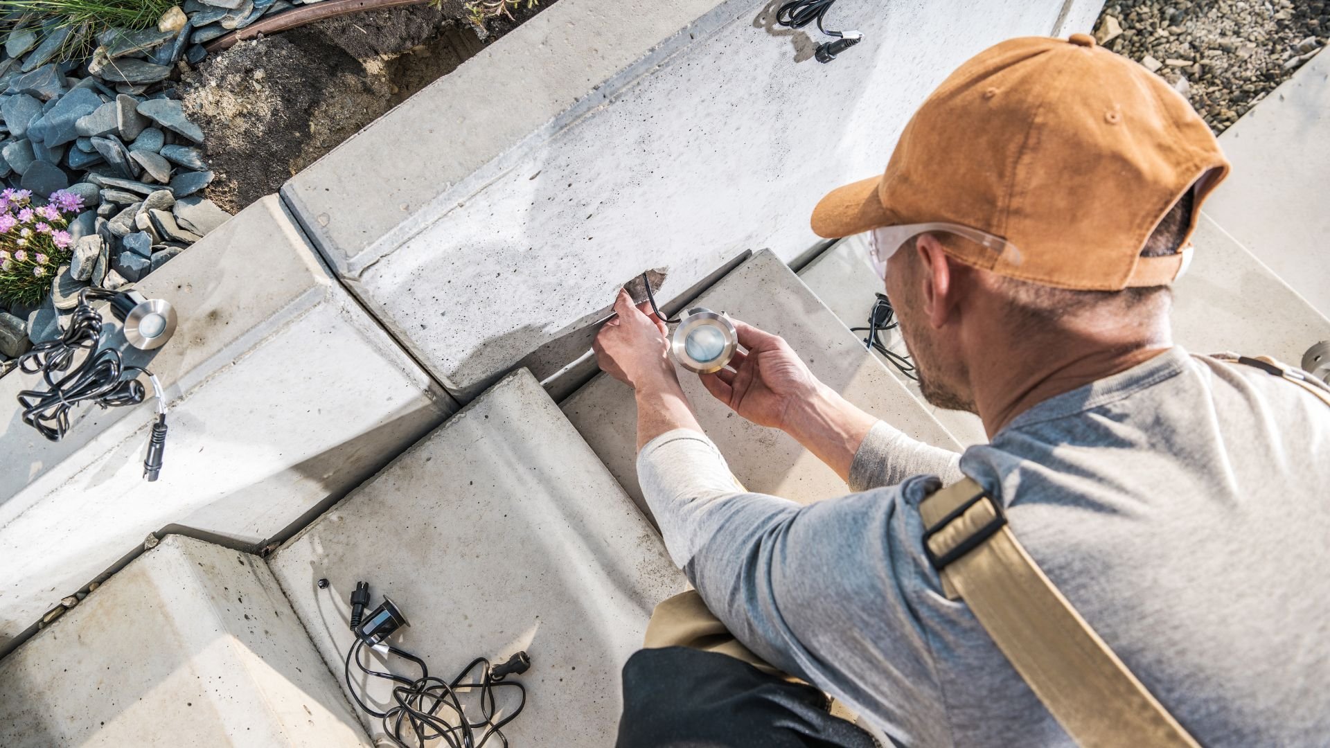 Worker installing lights on concrete steps with electrical cables nearby