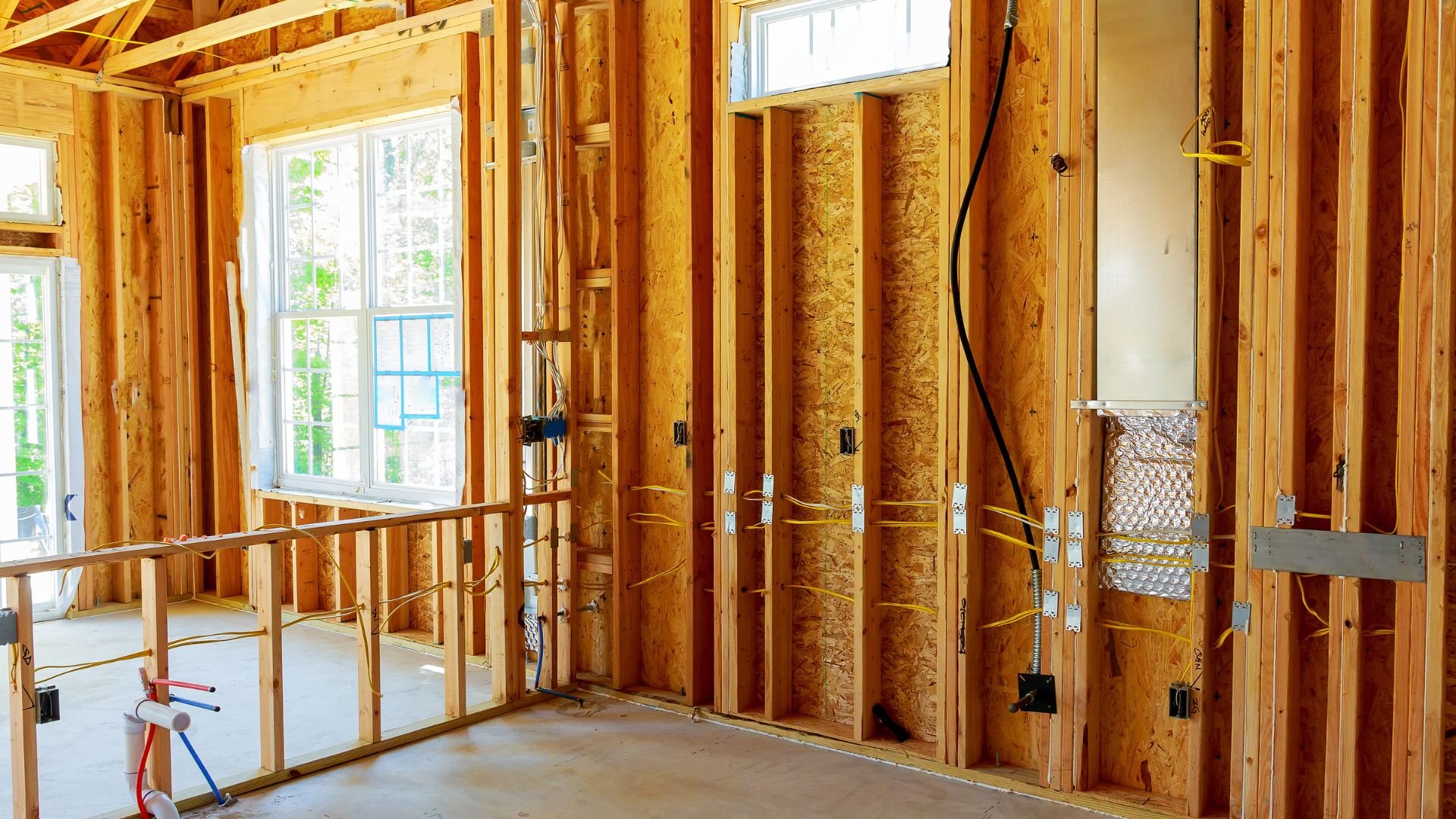 Interior of wood-framed house under construction with electrical wiring exposed