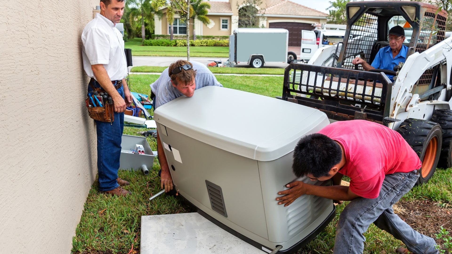 Workers installing a home backup generator on concrete pad